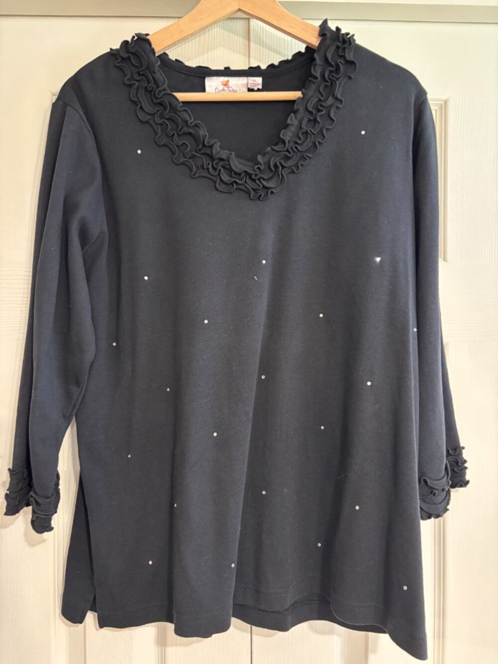 Quacker Factory 3/4 Sleeve Top Black w/ Rhinestones & Ruffle Trim Women's XL